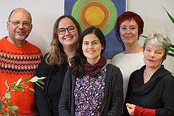 Unser Team: Dietmar Töpfer (Geschäftsf.), Birgit Jaschke (Redaktion „Handeln+Helfen“), Michelle C. Pérez (Kultursensible Öffnung in der Selbsthilfe), Stefanie Tellini (FORUM & Fachstelle INKLUSION), Barbara Herzog (Kontaktstelle für Selbsthilfe)